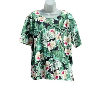 Vintage HILO HATTIE Women Sz L Cotton Floral Tropical Short Sleeve Popover Top